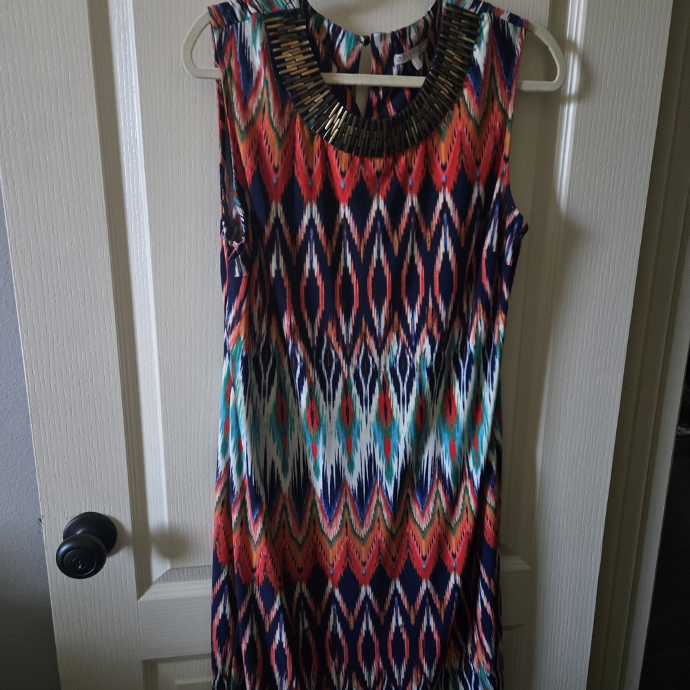 Signature Multicolor Geometric Dress with Gold Detail